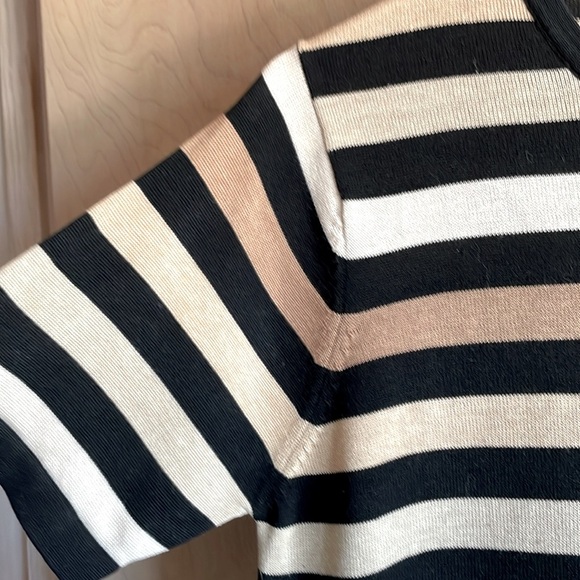 OLIVER PERRY Black White Tan Striped Silk Cotton Knit Top Women's Medium - Picture 3 of 11